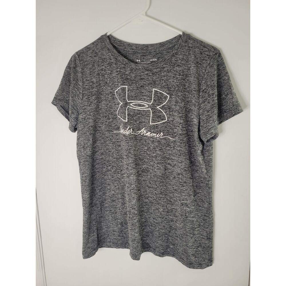 Under Armour Heathered Black Gray Logo Graphic Short Sleeve Heatgear Top Size L